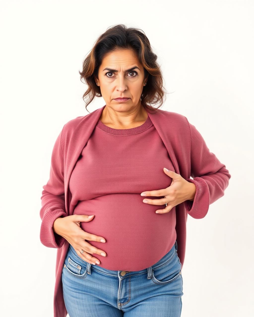 Mulher segurando barriga com expressão frustrada